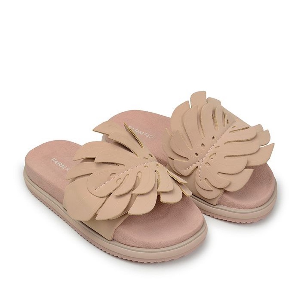 FARM RIO Monstera Leaf Anatomical Slide Sandals in Almond